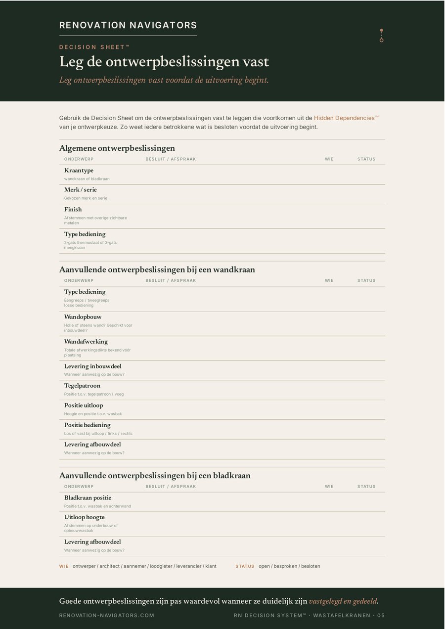 Voorbeeldpagina van de Decision Sheet™ uit RN Decision System™ — Wastafelkranen.